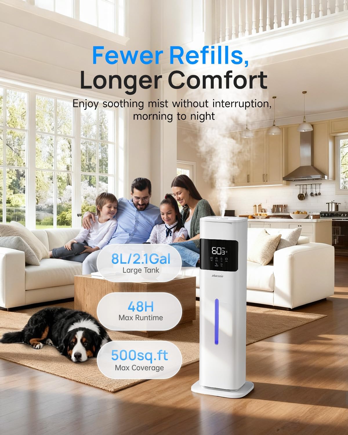 Humidifiers for Bedroom, Humidifier Large Room, White | Warm & Cool Mist, 2.1Gal/8L, 500 Sq Ft Coverage, Run 48H, Auto Humidity Control, Essential Oil Diffuser, for Home Baby Plants