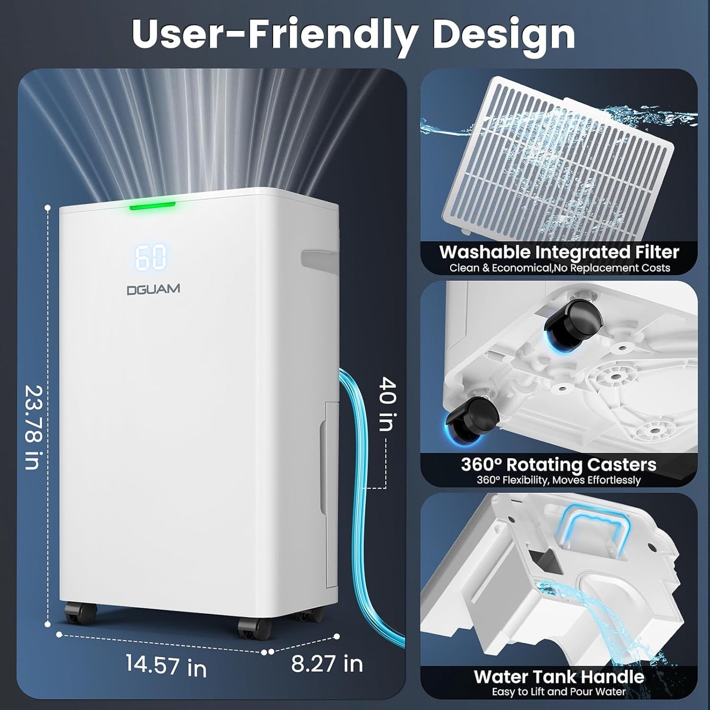 38 L/Day Dehumidifier for Basements & Large Rooms up to 420 m² with Drain Hose