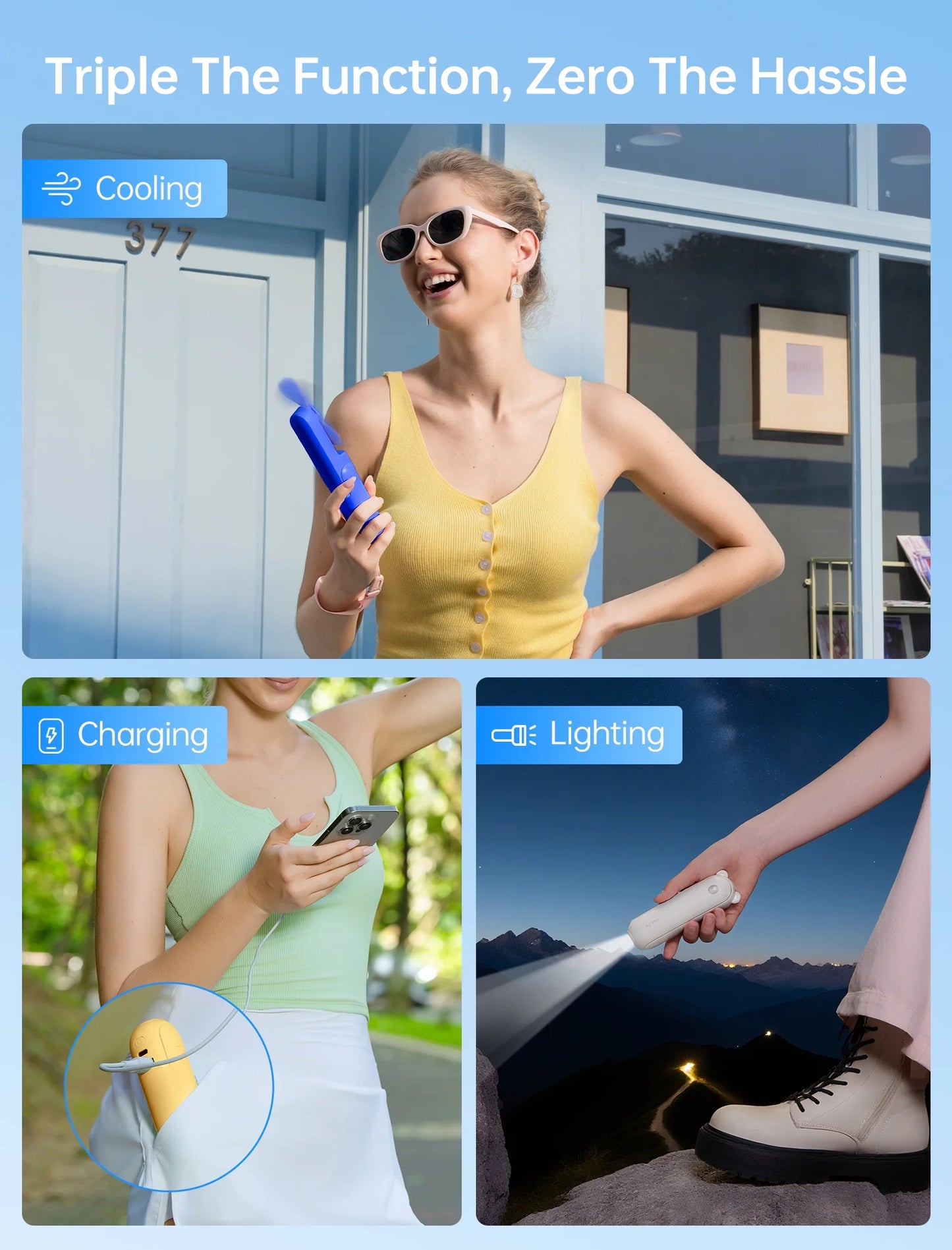 Portable Mini Fan with 3 Speeds & Power Bank 