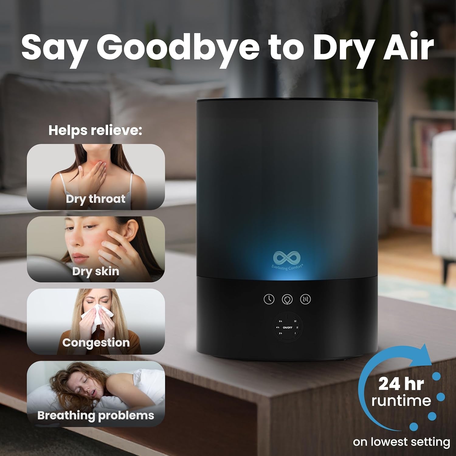 2.5 L Top-Fill Cool Mist Humidifier for Bedroom – Quiet with 24-Hour Runtime